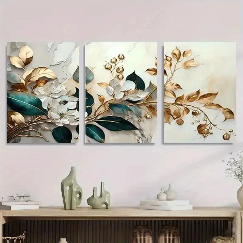 3pcs Elegant Floral & Golden Leaves Flower Metal Print Ready to Hang Art