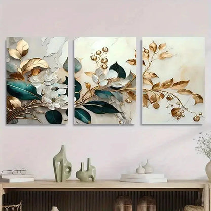 3pcs Elegant Floral & Golden Leaves Flower Metal Print Ready to Hang Art