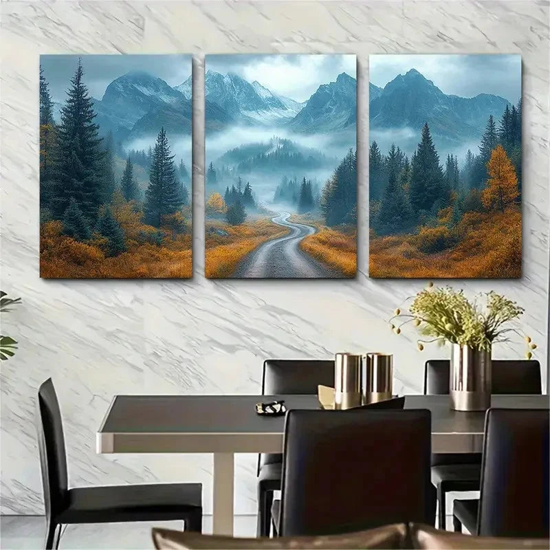 3pcs Winding Road Misty Rocky Mountains Perfect Wall Art Set Canvas Framed 40x60cm - High Quality Print 100% Australian Made Wall Canvas Ready to Hang