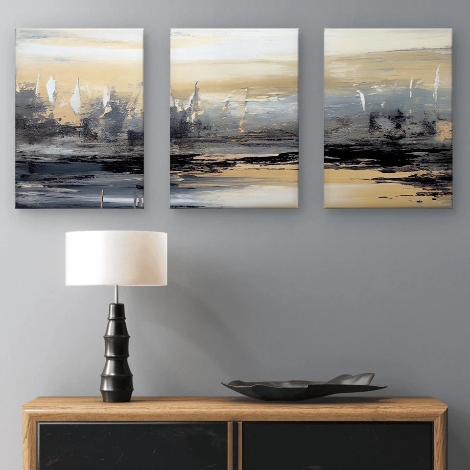 3pcs Abstract Neutral Textured Paint Brushstroke Wall Art Set Canvas Framed 60x90cm - High Quality Print 100% Australian Made Wall Canvas Ready to Hang