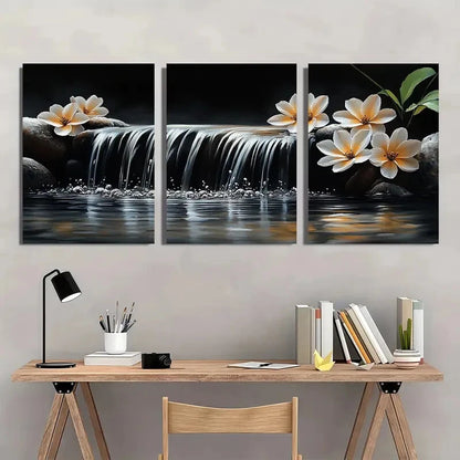 3pcs Serene Bamboo Plumeria Flowers & Waterfall Metal Print Ready to Hang Art