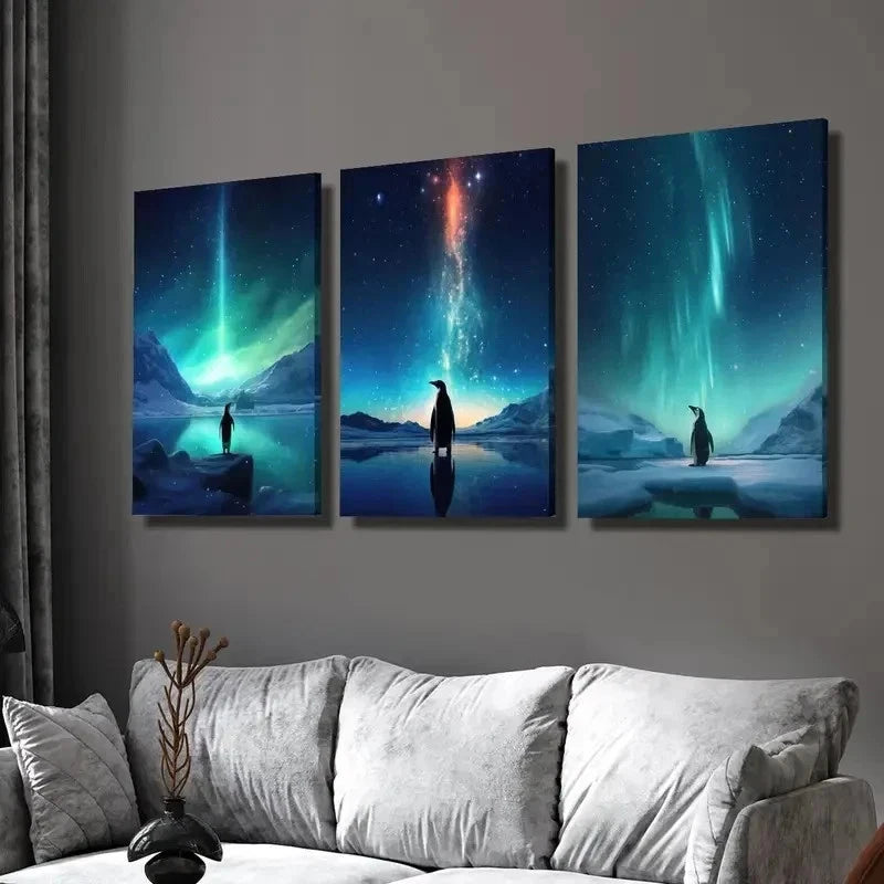 3pcs Penguins Aurora Borealis Northern Perfect Wall Art Set Canvas Framed 40x60cm - High Quality Print 100% Australian Made Wall Canvas Ready to Hang