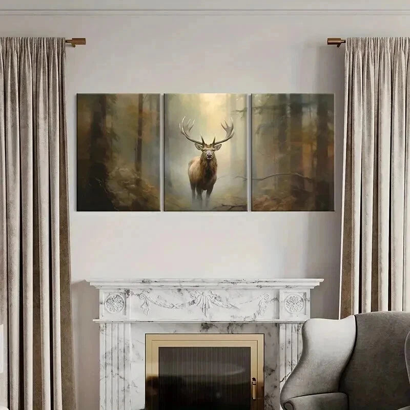 3pcs Vintage Red Deer in Foggy Forest Wall Art Set Canvas Framed 40x60cm - High Quality Print 100% Australian Made Wall Canvas Ready to Hang