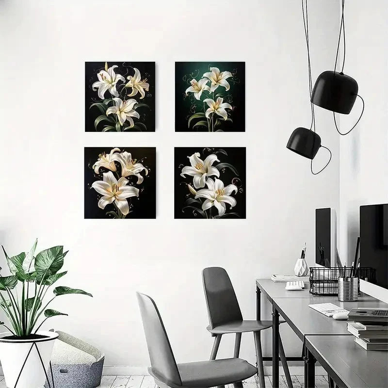 4pcs Elegant White Lilies & Golden Swirls Wall Art Canvas Framed