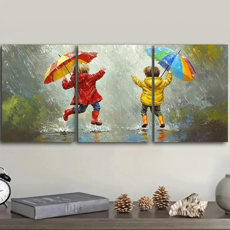 3pcs Happy Children Dancing In The Rain Art Wall Art Set Canvas Framed 40x60cm - High Quality Print 100% Australian Made Wall Canvas Ready to Hang