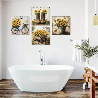 4pcs Sunflower,Butterfly Bicycle Decorative  Wall Art Canvas Framed
