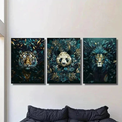 3pcs Blue Geometric Tiger Lion and Giant Panda Wall Art Canvas Unframed - High Quality Print 100% Australian Made Wall Canvas