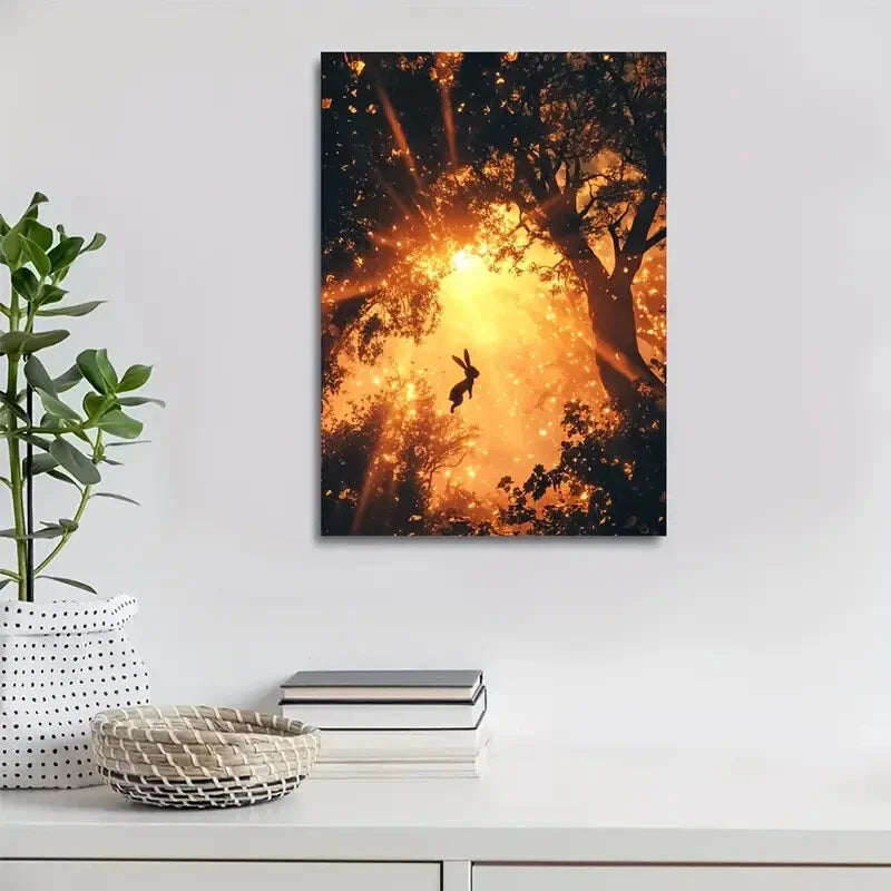 Enchanted Steampunk Rabbit Sunset Scene Painting 40x60cm Metal Print Ready to Hang