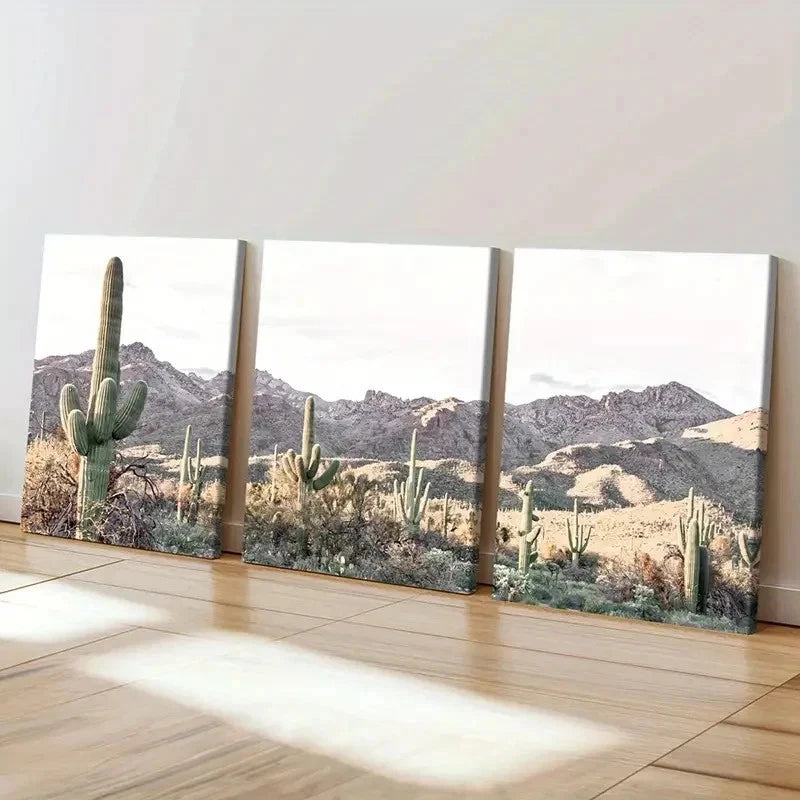 3pcs Desert Art Painting Mountains & Cacti Wall Art Set Canvas Framed 40x60cm - High Quality Print 100% Australian Made Wall Canvas Ready to Hang
