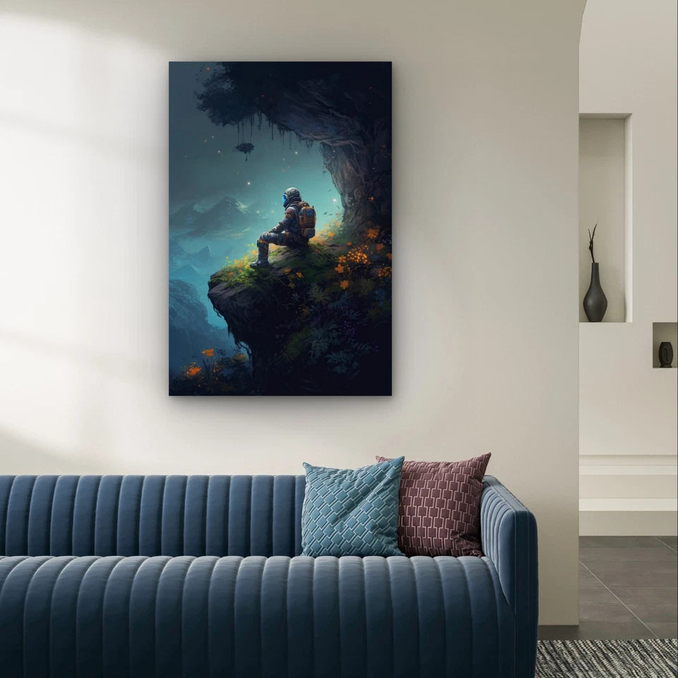 Minimalist Sci-Fi Astronaut on Cliff 40x60cm Metal Print Ready to Hang