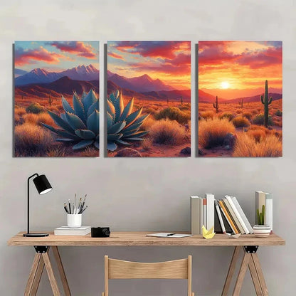 3pcs Agave Sunset Desert Mountains Metal Print Ready to Hang Art