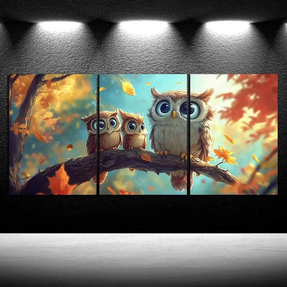 3pcs The Owl On The Branch Bird Metal Print Ready to Hang Art