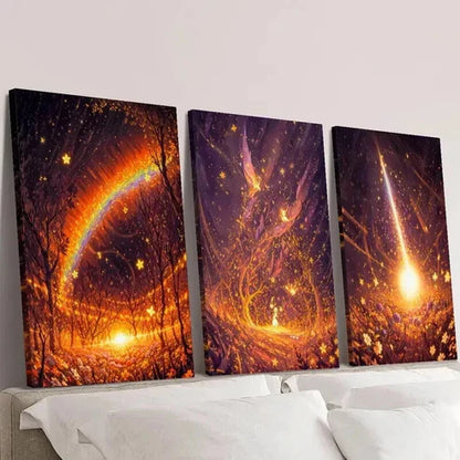 3pcs Fantasy Golden Rainbow Golden Fairy Wall Art Canvas Unframed - High Quality Print 100% Australian Made Wall Canvas