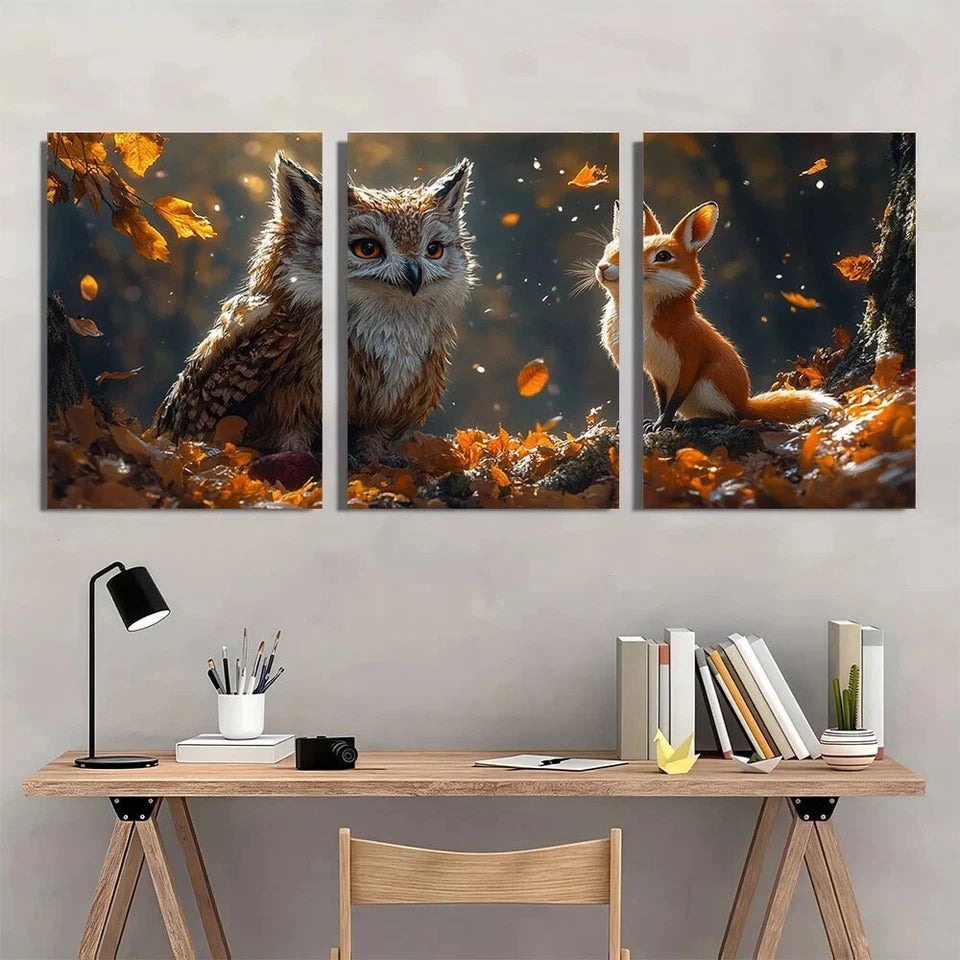 3pcs Enchanted Forest Animals Owl Fox Autumn Scene Metal Print Ready to Hang Art