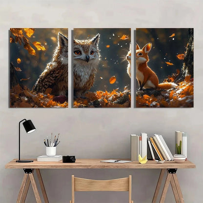 3pcs Enchanted Forest Animals Owl Fox Autumn Scene Metal Print Ready to Hang Art