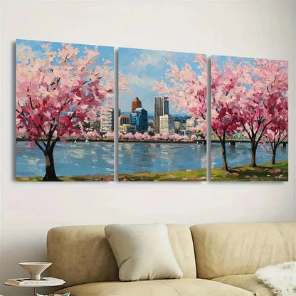 3pcs Cherry Blossoms Cityscape Sakura Artwork Wall Art Set Canvas Framed 60x90cm - High Quality Print 100% Australian Made Wall Canvas Ready to Hang