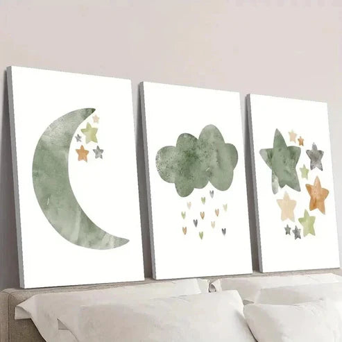 3pcs Light Green Illustration Stars and Moon Wall Art Set Canvas Unframed - High Quality Print 100% Australian Made Wall Canvas