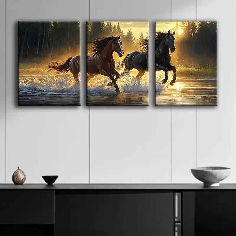 3pcs Sunset Horse Racing Scene Wall Art Set Canvas Framed 60x90cm - High Quality Print 100% Australian Made Wall Canvas Ready to Hang