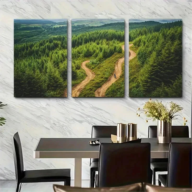 3pcs Vibrant Green Forest Trail Scenery Metal Print Ready to Hang Art