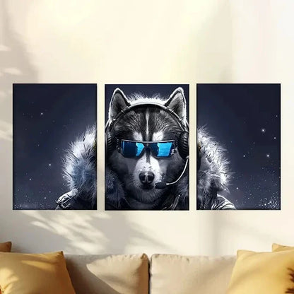 3pcs dog wearing helmet and Fashion Glasses Wall Art Set Canvas Unframed - High Quality Print 100% Australian Made Wall Canvas