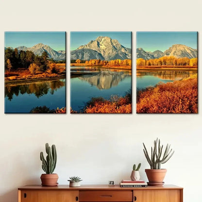 3pcs Mountain Lake Land Autumn Nature Perfect Wall Art Set Canvas Framed 40x60cm - High Quality Print 100% Australian Made Wall Canvas Ready to Hang
