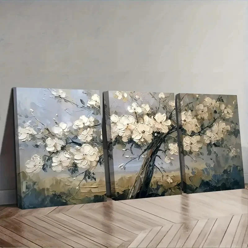 3pcs White Flowers On Tree With Detailed Wall Art Set Canvas Framed 50x70cm - High Quality Print 100% Australian Made Wall Canvas Ready to Hang