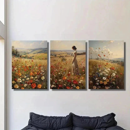 3pcs Spring Wildflowers Meadow Landscape Wall Art Set Canvas Framed 40x60cm - High Quality Print 100% Australian Made Wall Canvas Ready to Hang