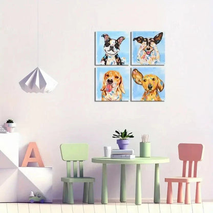 4pcs Puppy Artwork Dog Painting Funny Animal Wall Art Canvas Framed