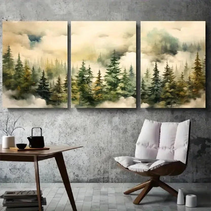3pcs Tranquil Forest Misty Pine Tree Metal Print Ready to Hang Art