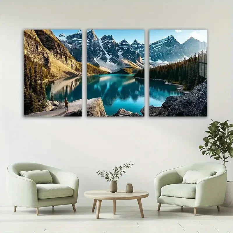 3pcs Snow Capped Peaks & Pine Trees Metal Print Ready to Hang Art