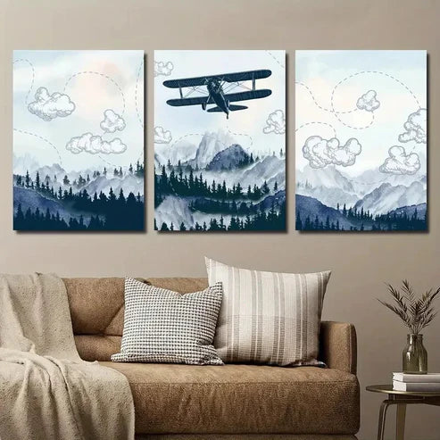3pcs Airplane Flying Over Mountain and Forest Wall Art Set Canvas Unframed - High Quality Print 100% Australian Made Wall Canvas