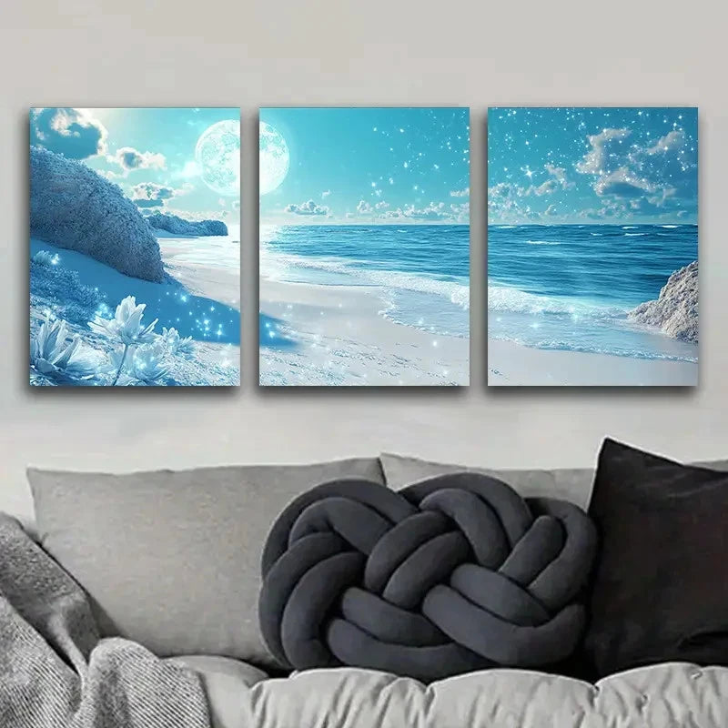 3pcs Seascape Beach Blue Sky White Clouds Metal Print Ready to Hang Art