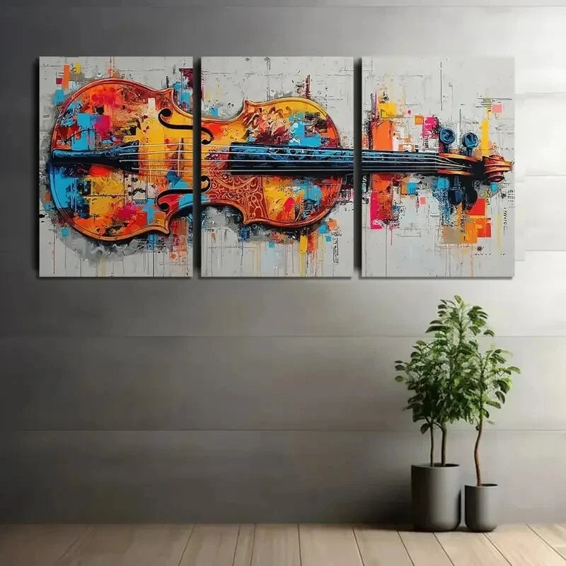 3pcs Violin Colorful Splashes and Patterns Metal Print Ready to Hang Art