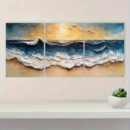 3pcs Abstract Ocean Wave Textured Metal Print Ready to Hang Art
