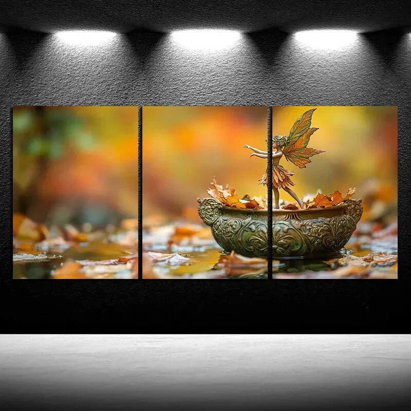3pcs The Leaf Girl Dancing Golden Themed Metal Print Ready to Hang Art