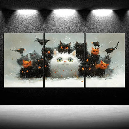 3pcs Black And White Cat And Orange Bird Metal Print Ready to Hang Art