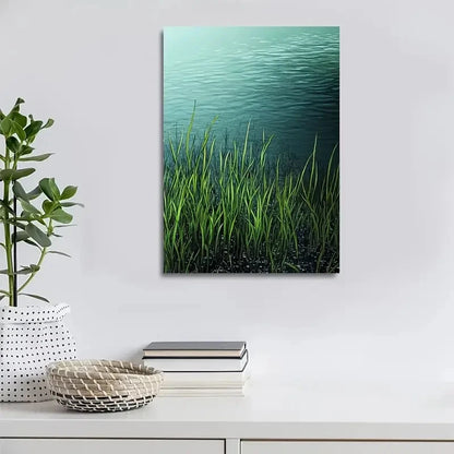 Emerald Water Grass Meadow Painting  40x60cm Metal Print Ready to Hang