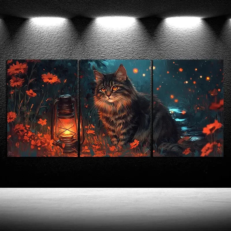 3pcs Kitten And Lantern Flowers Metal Print Ready to Hang Art