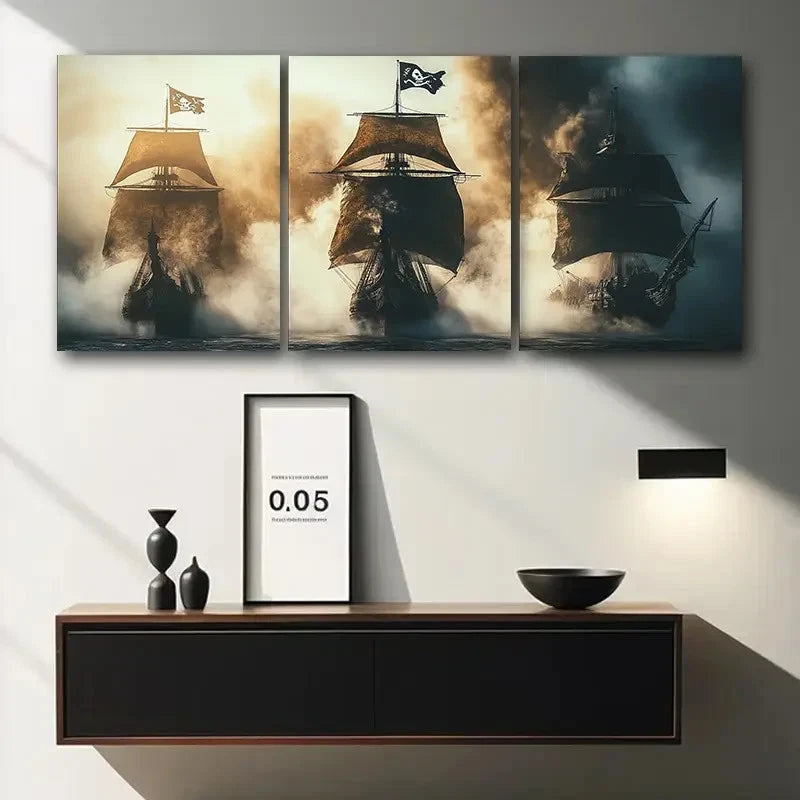 3pcs Pirate Ships in Battle Painting Metal Print Ready to Hang Art