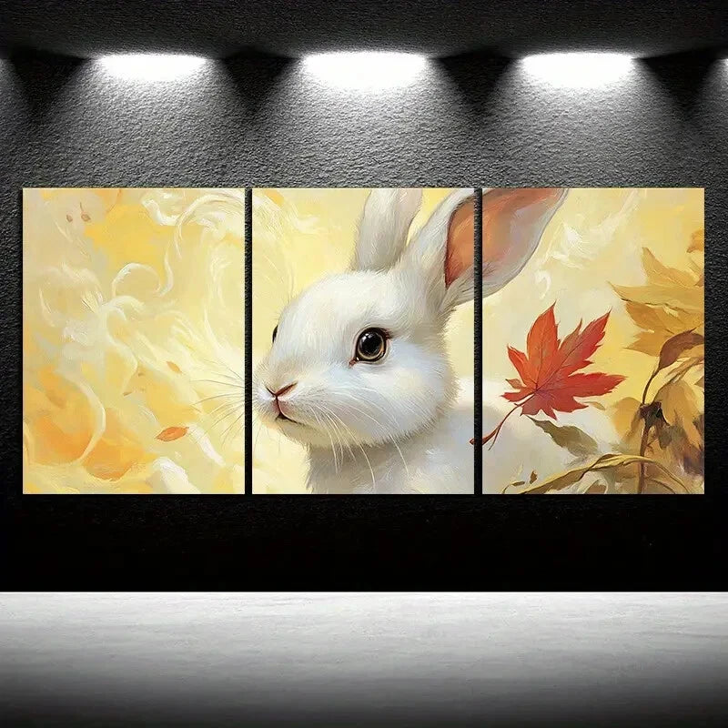 3pcs Maple Leaf And Rabbit Red Metal Print Ready to Hang Art