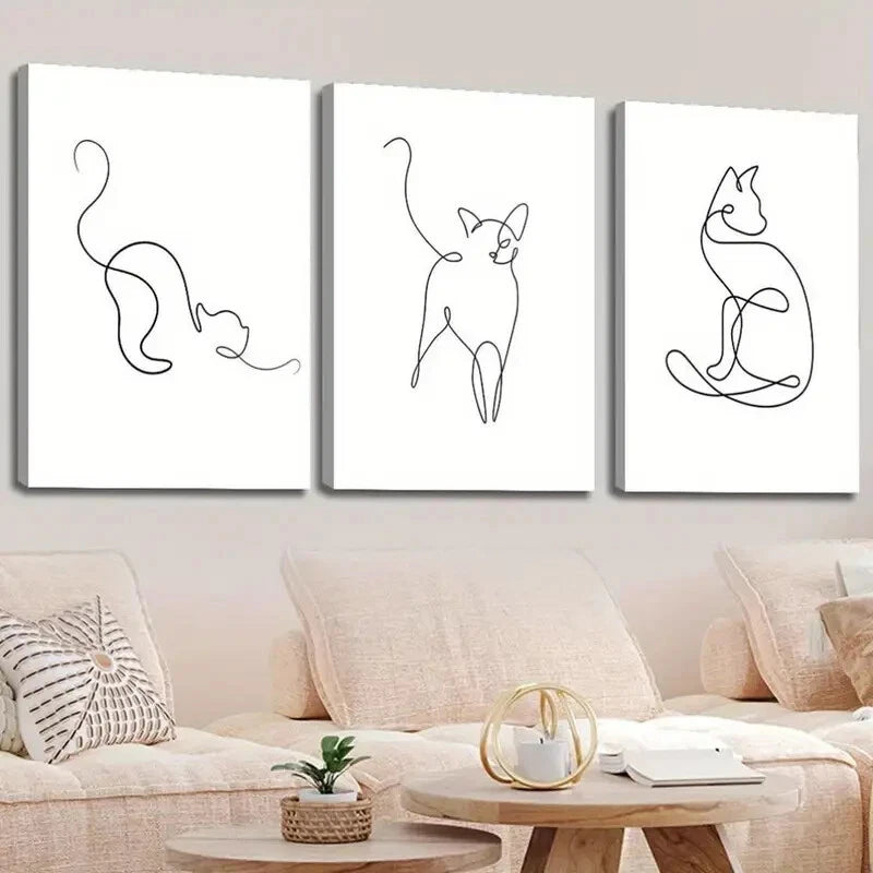 3pcs Abstract Line Cat Minimalist B&W Perfect Wall Art Set Canvas Framed 40x60cm - High Quality Print 100% Australian Made Wall Canvas Ready to Hang