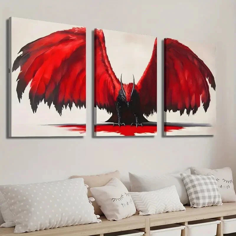 3pcs Red Griffin Fantasy Bird Décor Perfect Wall Art Set Canvas Framed 40x60cm - High Quality Print 100% Australian Made Wall Canvas Ready to Hang