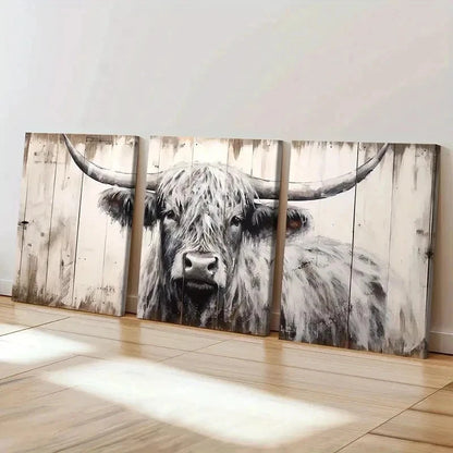 3pcs Vintage Farmhouse Highland Cattle Wall Art Set Canvas Framed 40x60cm - High Quality Print 100% Australian Made Wall Canvas Ready to Hang