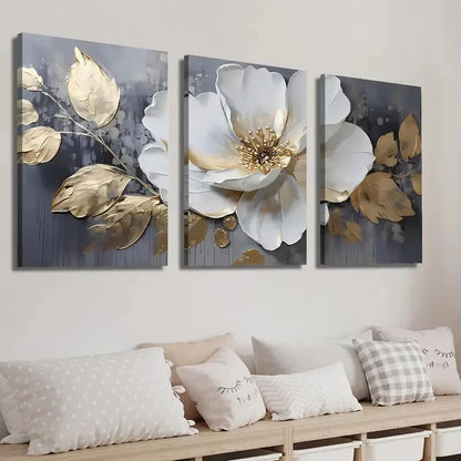 3pcs Elegant White & Golden Flowers Perfect Wall Art Set Canvas Framed 40x60cm - High Quality Print 100% Australian Made Wall Canvas Ready to Hang.