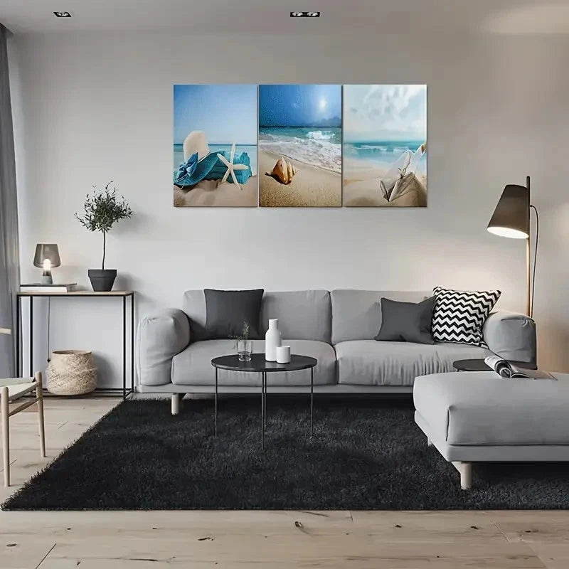 3pcs Beach Ocean Waves and Seashells Metal Print Ready to Hang Art