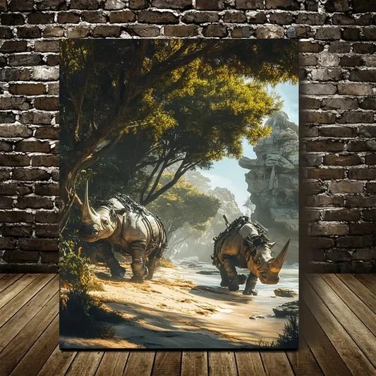 Steampunk Rhino Beach Scene Painting 40x60cm Metal Print Ready to Hang