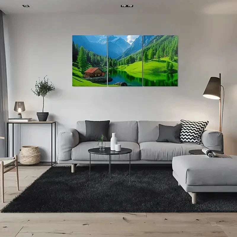 3pcs Scenic Mountain Lake Cabin Nature Metal Print Ready to Hang Art