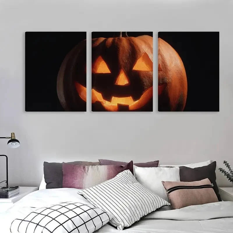 3pcs Spooky Halloween with Grin Carved Pumpkin Wall Art Set Canvas Framed 50x70cm - High Quality Print 100% Australian Made Wall Canvas Ready to Hang