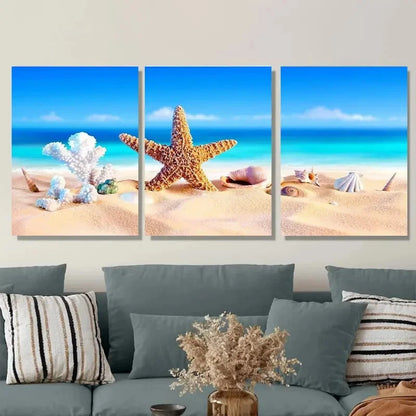 3pcs Beach Scene Starfish & Seashells Triptych Metal Print Ready to Hang Art