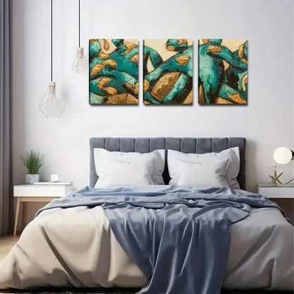 3pcs Abstract Teal & Golden Modern Metal Print Ready to Hang Art